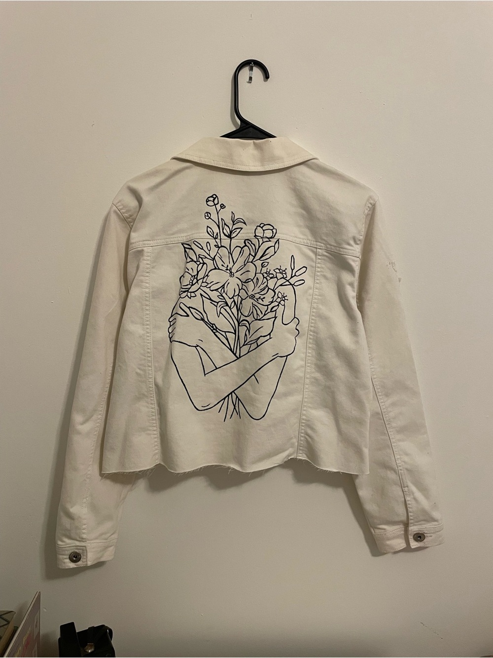 Hand Painted White Cropped Denim Jacket - Feminine Floral